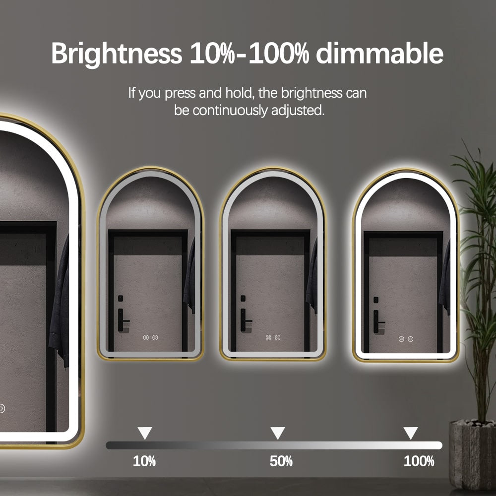Arched LED Gold Frame Wall Mirror 90cm x 50cm Frosted Defogger Dimmable Vanity