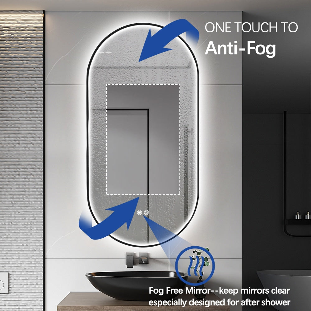 Oval LED Bathroom Mirror 50cm x 100cm Frontlit Black Frame Defogger Dimmable