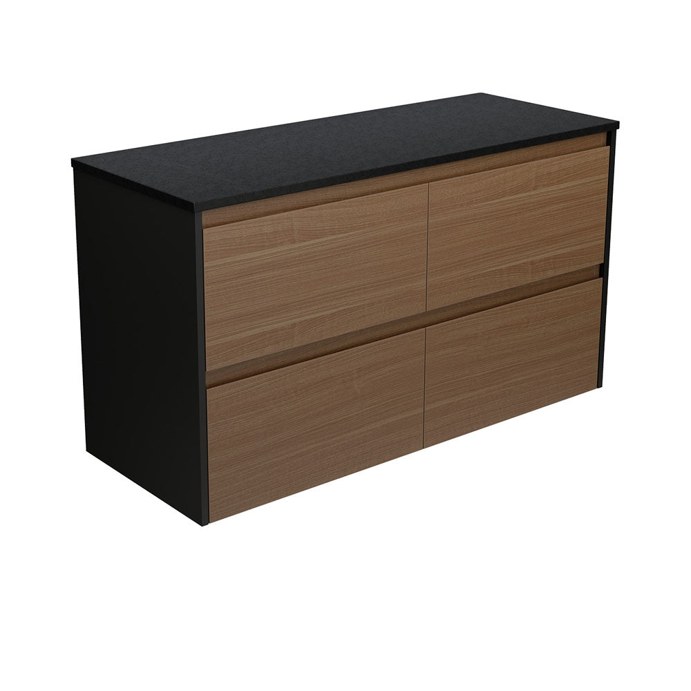 Amato Walnut 1200  Wall Hung Cabinet, Satin Black Panels