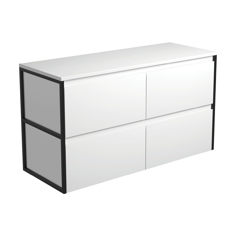 Amato Satin White 1200 Wall-Hung Cabinet, Matte Black Frames