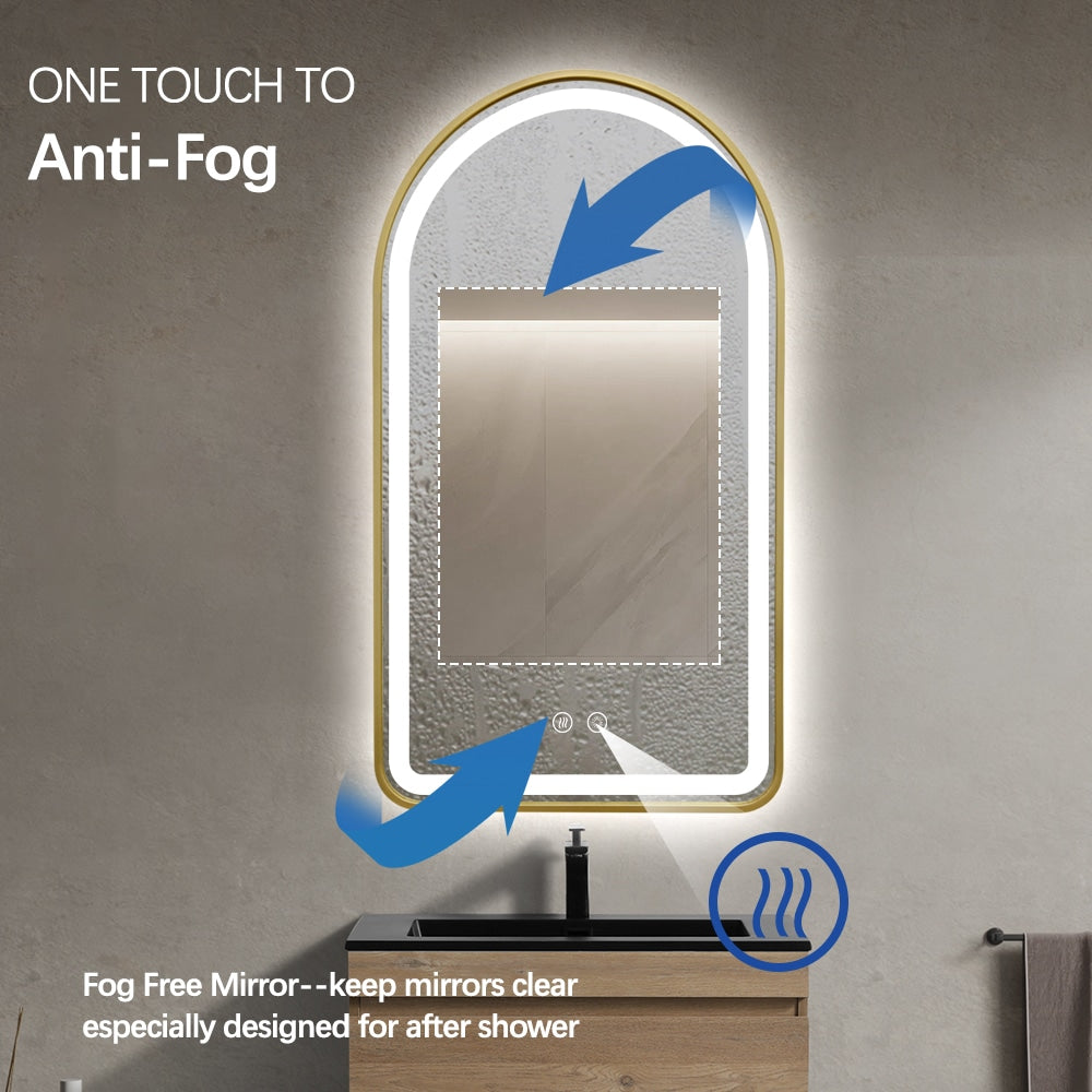 Arched LED Gold Frame Wall Mirror 90cm x 50cm Frosted Defogger Dimmable Vanity