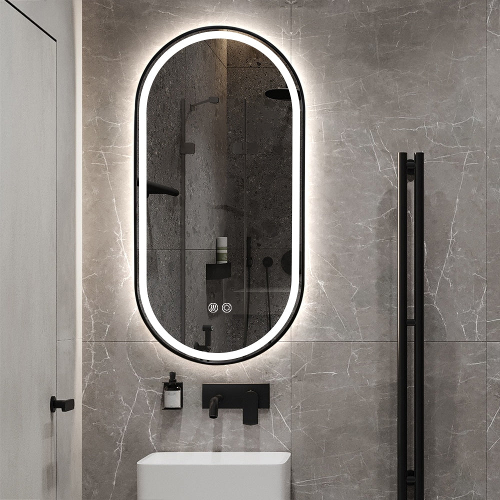 Black Oval LED Bathroom Mirror – Frosted Edge, Defogger, Dimmable (3 Sizes)
