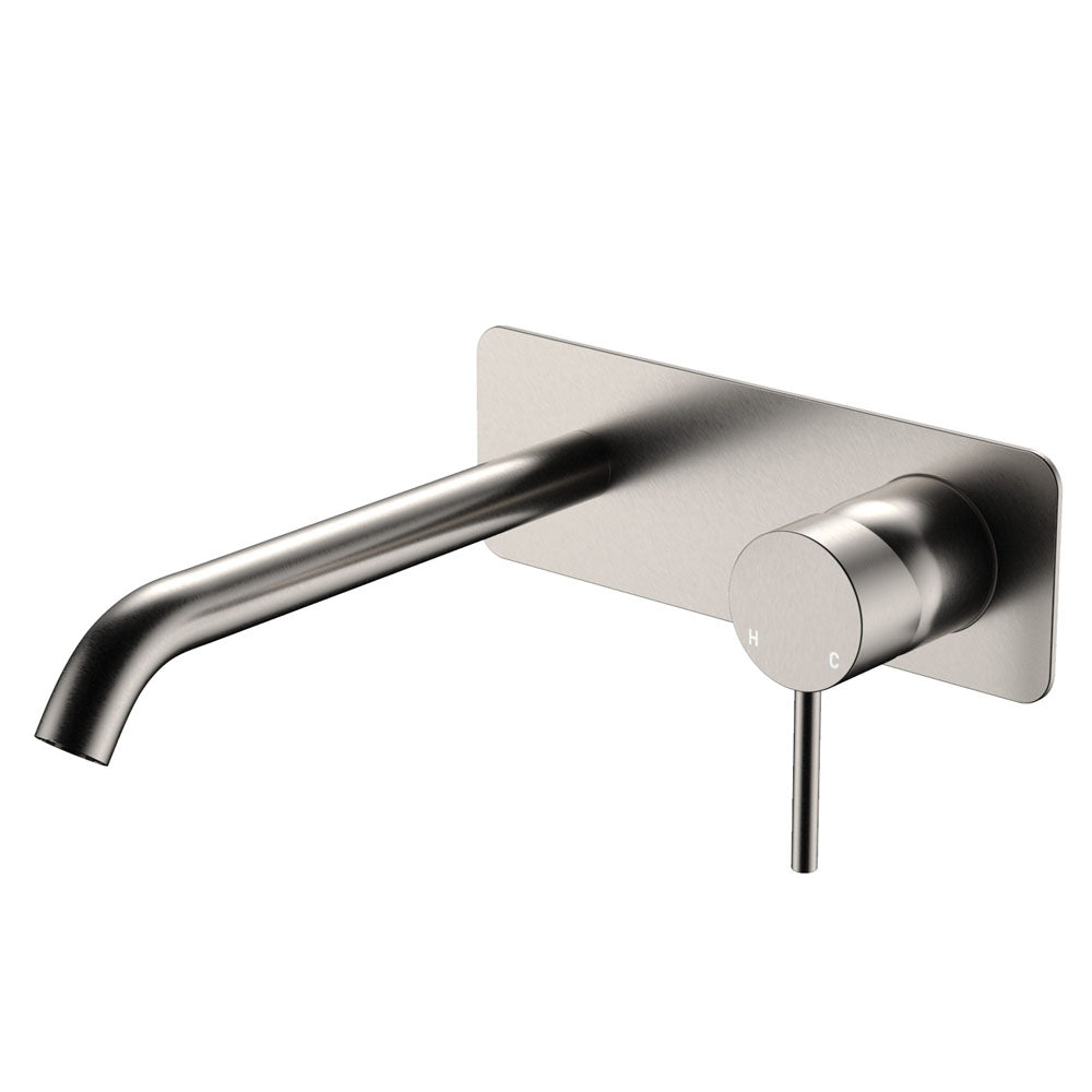 Kaya Basin/Bath Wall Mixer Set, Rectangular Plate, 200mm Outlet - Brushed Nickel