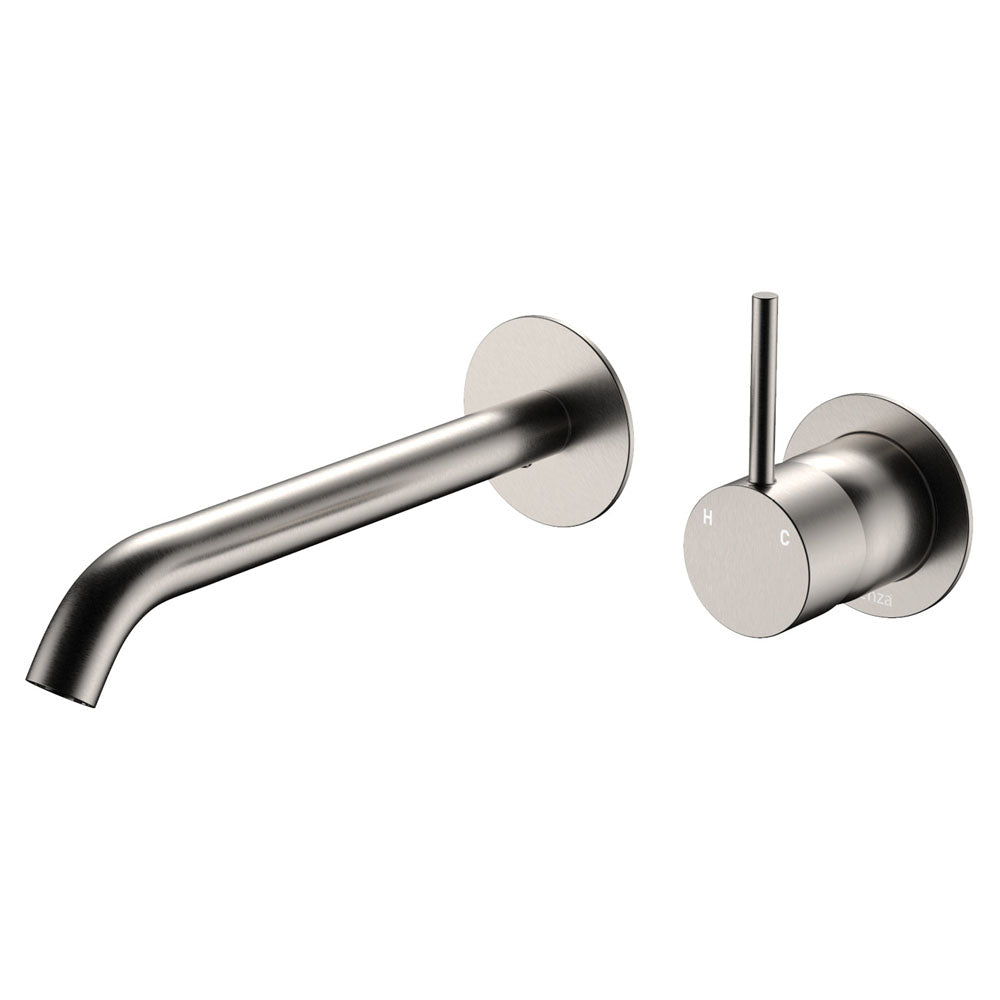 Kaya Up Basin/Bath Wall Mixer Set, Round Plates, 200mm Outlet - Brushed Nickel