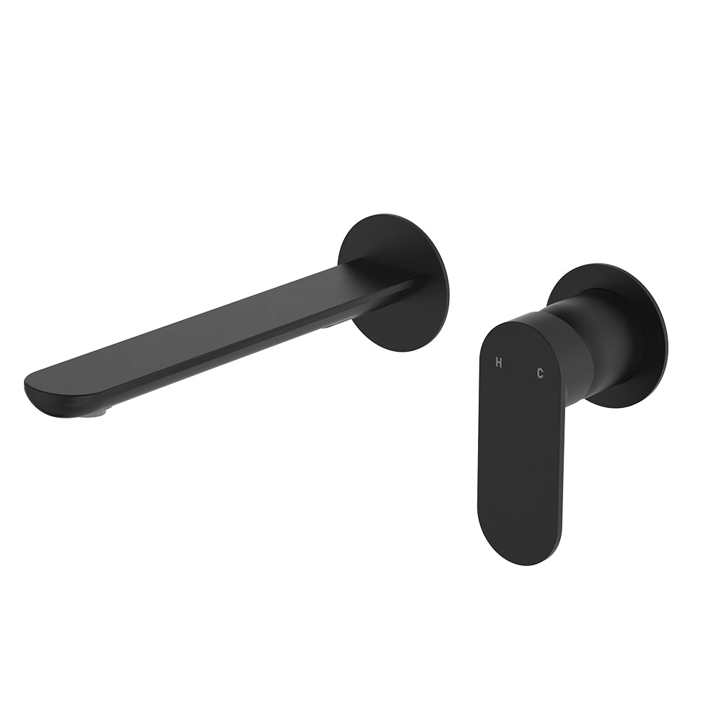 Empire Slim Basin/Bath Wall Mixer Set, Round Plates, 200mm Outlet - Matte Black