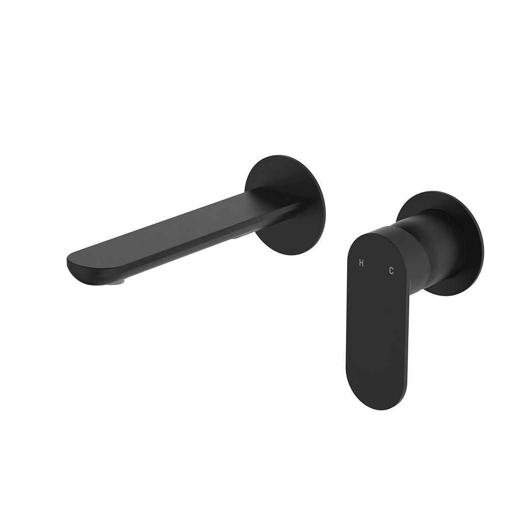 Empire Slim Basin/Bath Wall Mixer Set, Round Plates, 160mm Outlet - Matte Black