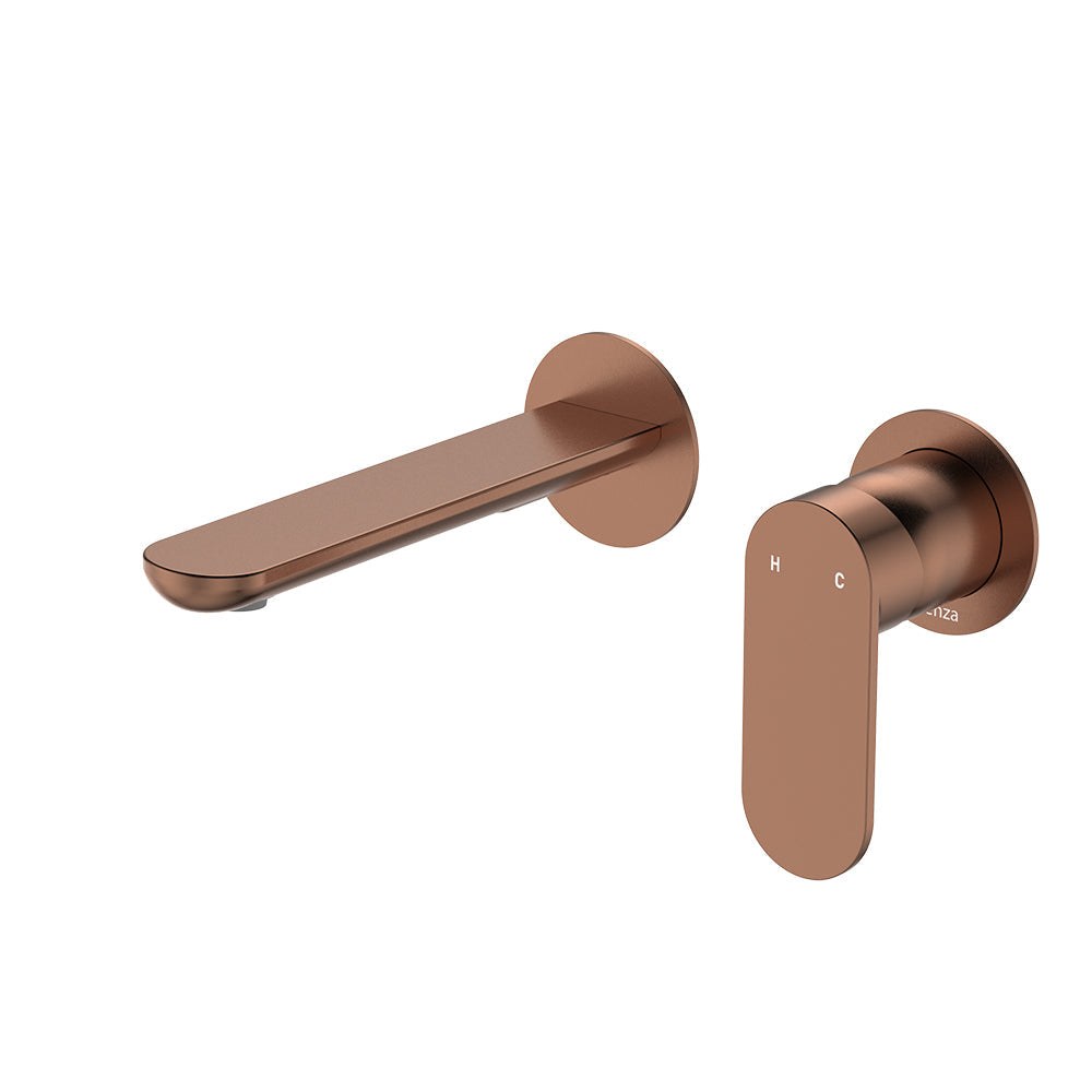 Empire Slim Basin/Bath Wall Mixer Set, Round Plates, 160mm Outlet - Brushed Copper