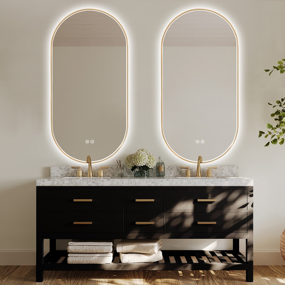 Oval LED Bathroom Mirror 50cm x 100cm Frontlit Gold Frame Defogger Dimmable