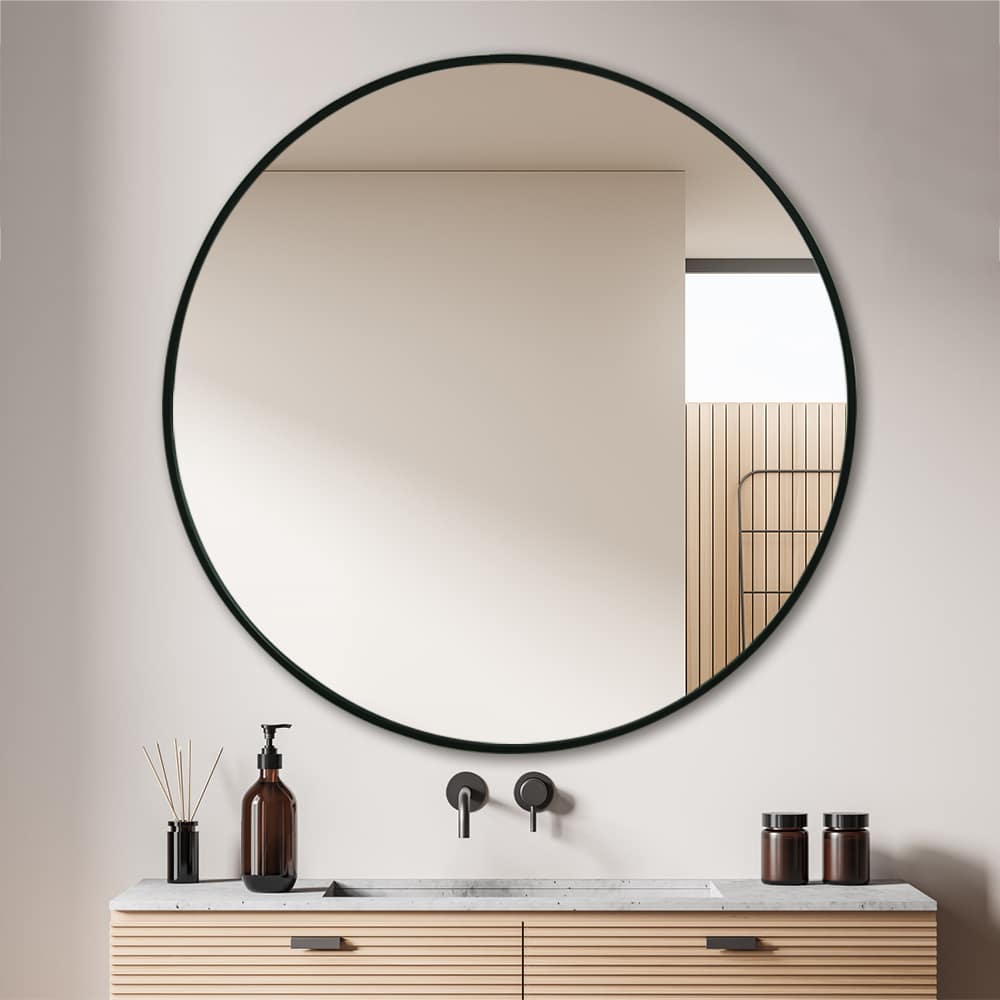 Modern Round Wall Mirror 120cm Black Aluminium Frame