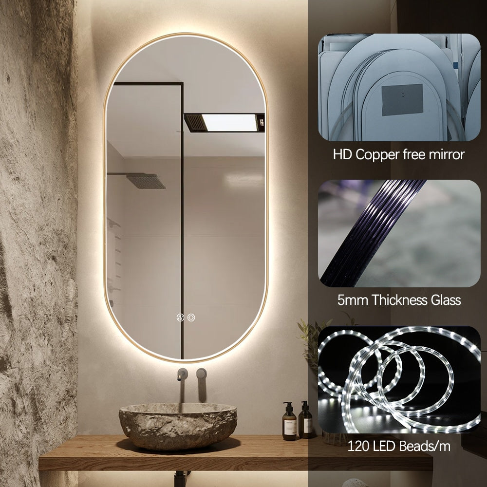 Oval LED Bathroom Mirror 50cm x 100cm Frontlit Gold Frame Defogger Dimmable
