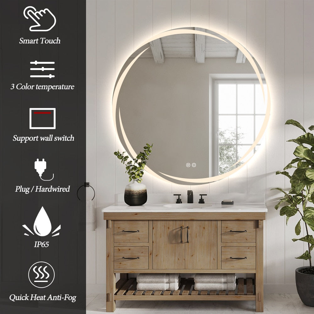 Round LED Bathroom Mirror 80cm Frameless Whirlwind Frosted Defogger Dimmable Vanity Wall Mirror