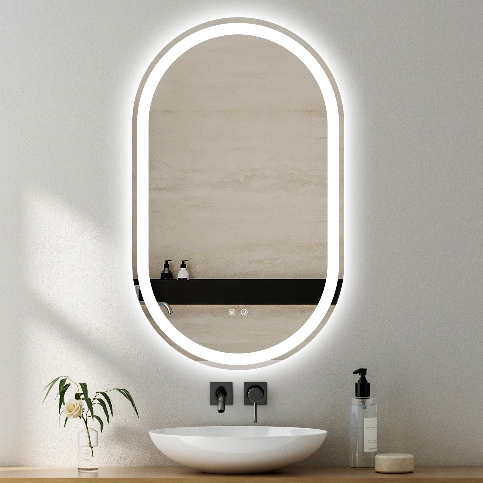 Oval LED Mirror Frameless Frosted Bathroom Mirror with Defogger & Dimmable 30mm LED Strip 100cm x 50cm