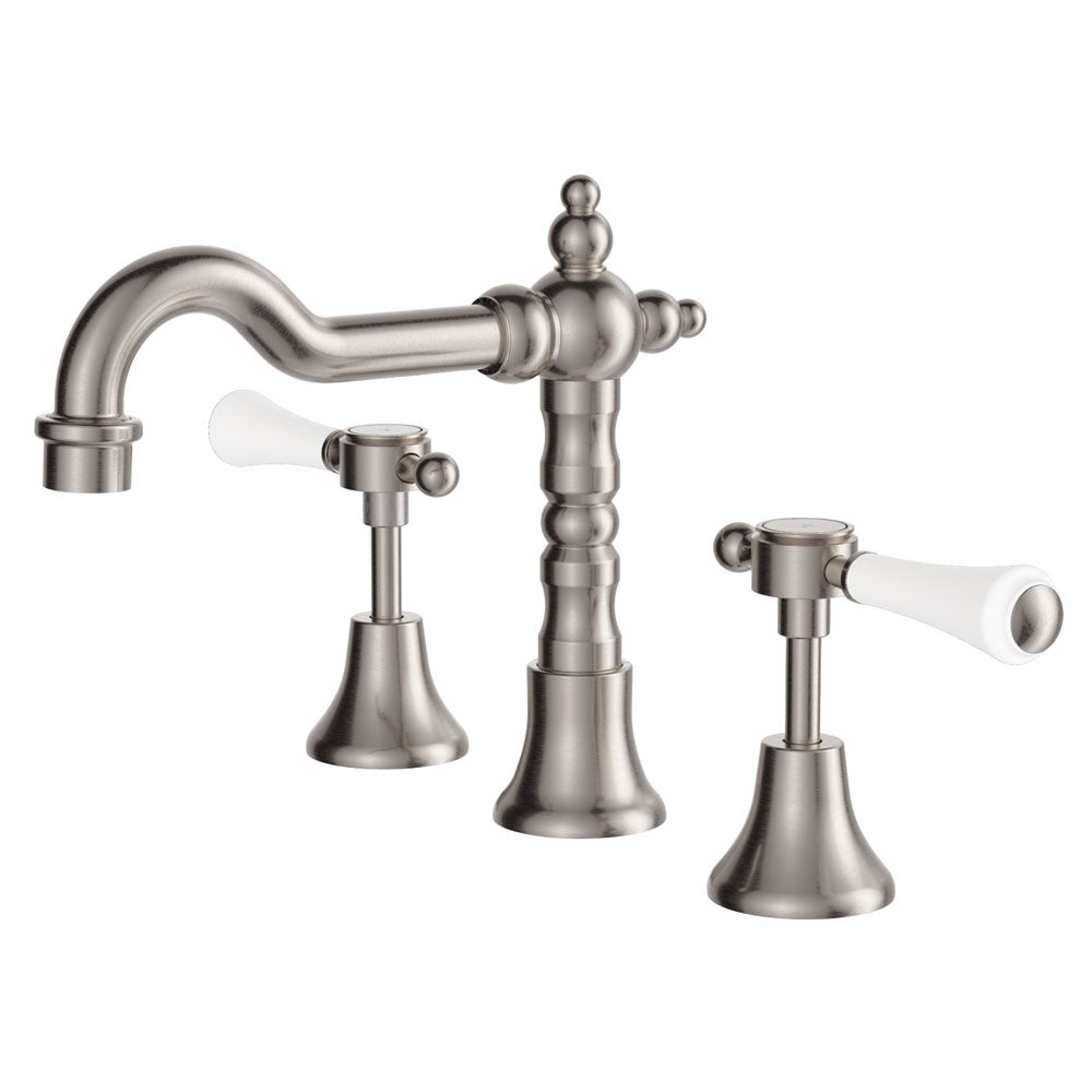 Lillian Lever Basin Set - Brushed Nickel with Ceramic White Handle