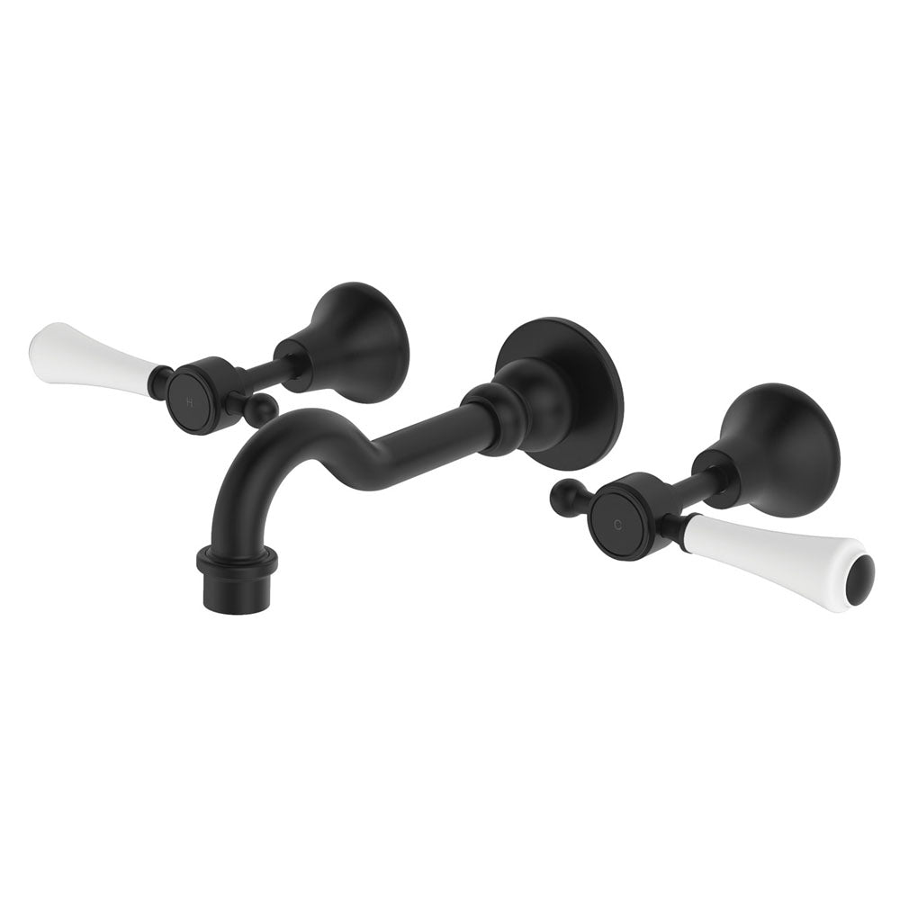 Lillian Lever Basin/Bath Wall Set - Matte Black with Ceramic White Handle