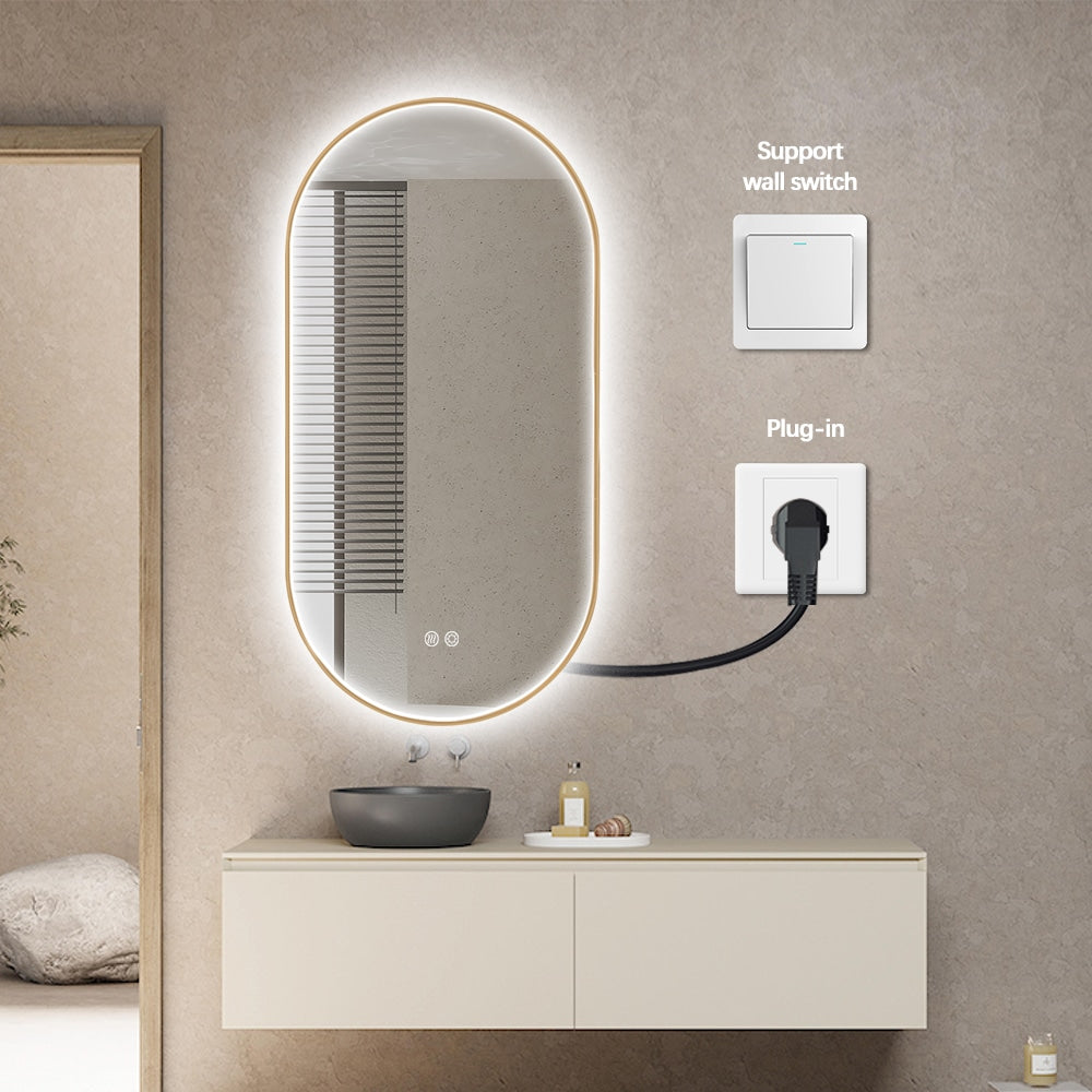 Oval LED Bathroom Mirror 50cm x 100cm Frontlit Gold Frame Defogger Dimmable