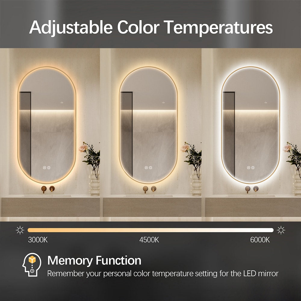 Oval LED Bathroom Mirror 50cm x 100cm Frontlit Gold Frame Defogger Dimmable