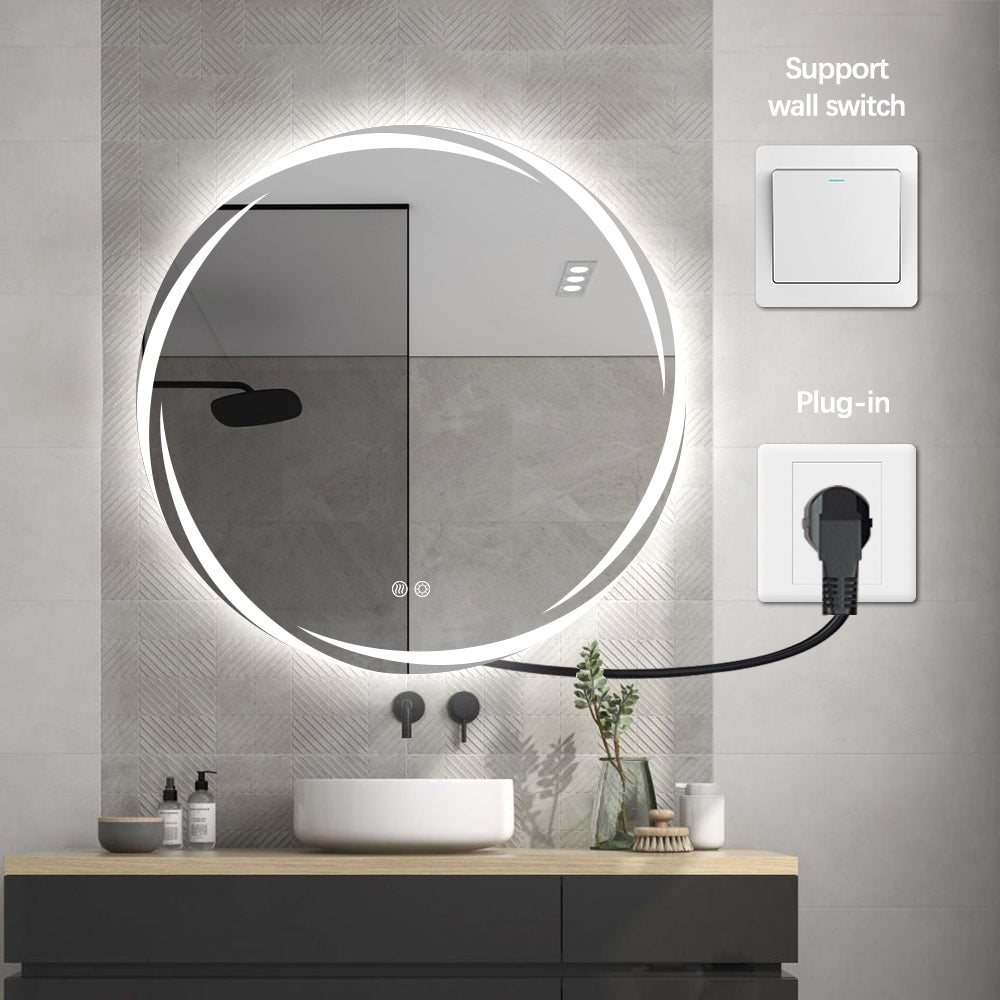 Round LED Bathroom Mirror 80cm Frameless Whirlwind Frosted Defogger Dimmable Vanity Wall Mirror