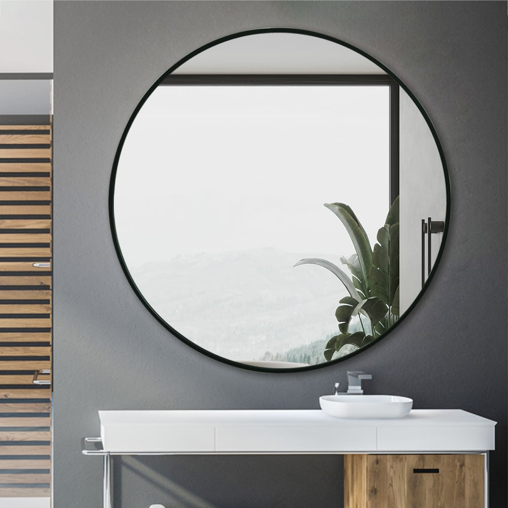 Modern Round Wall Mirror 120cm Black Aluminium Frame