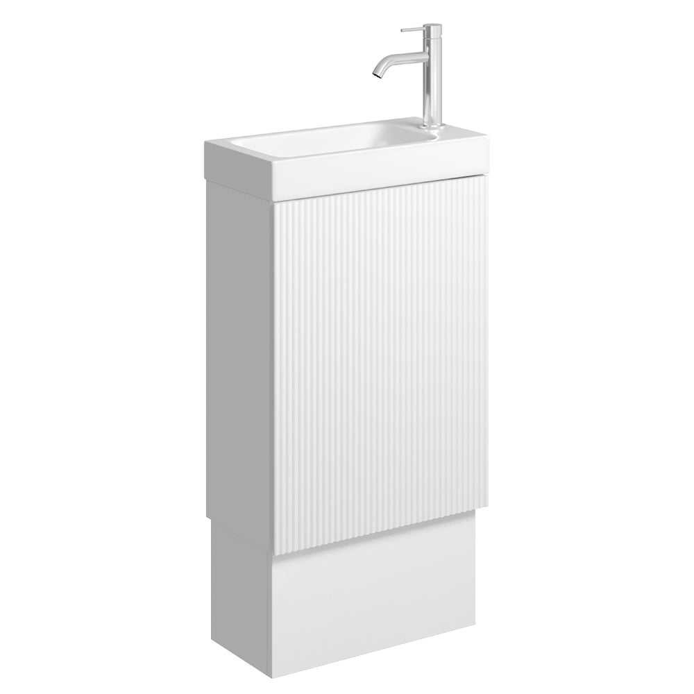 Denzel Minka 450 Vanity on Kickboard, No Overflow, Satin White