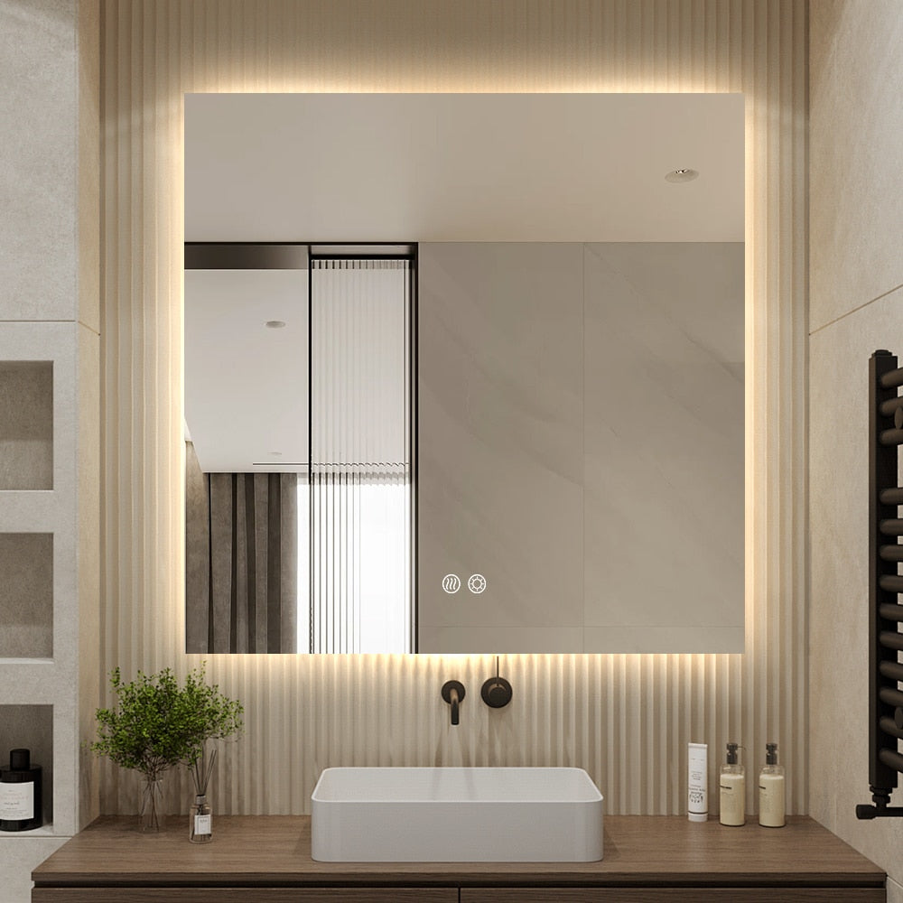 Square LED Bathroom Mirror 60cm x 60cm Frameless Backlit Straight Corner Dimmable