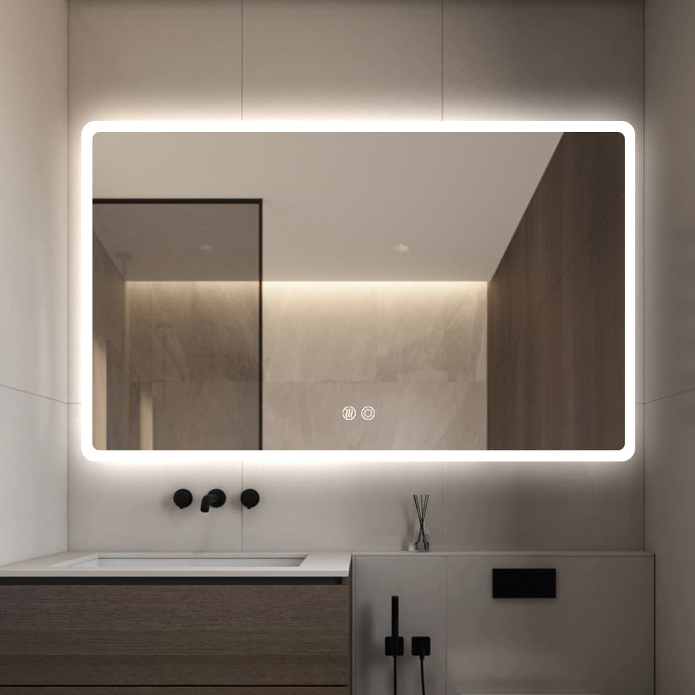 Rectangular LED Mirror Frameless Frosted Wall Mounted Bathroom Defogger Dimmable Touch Sensor