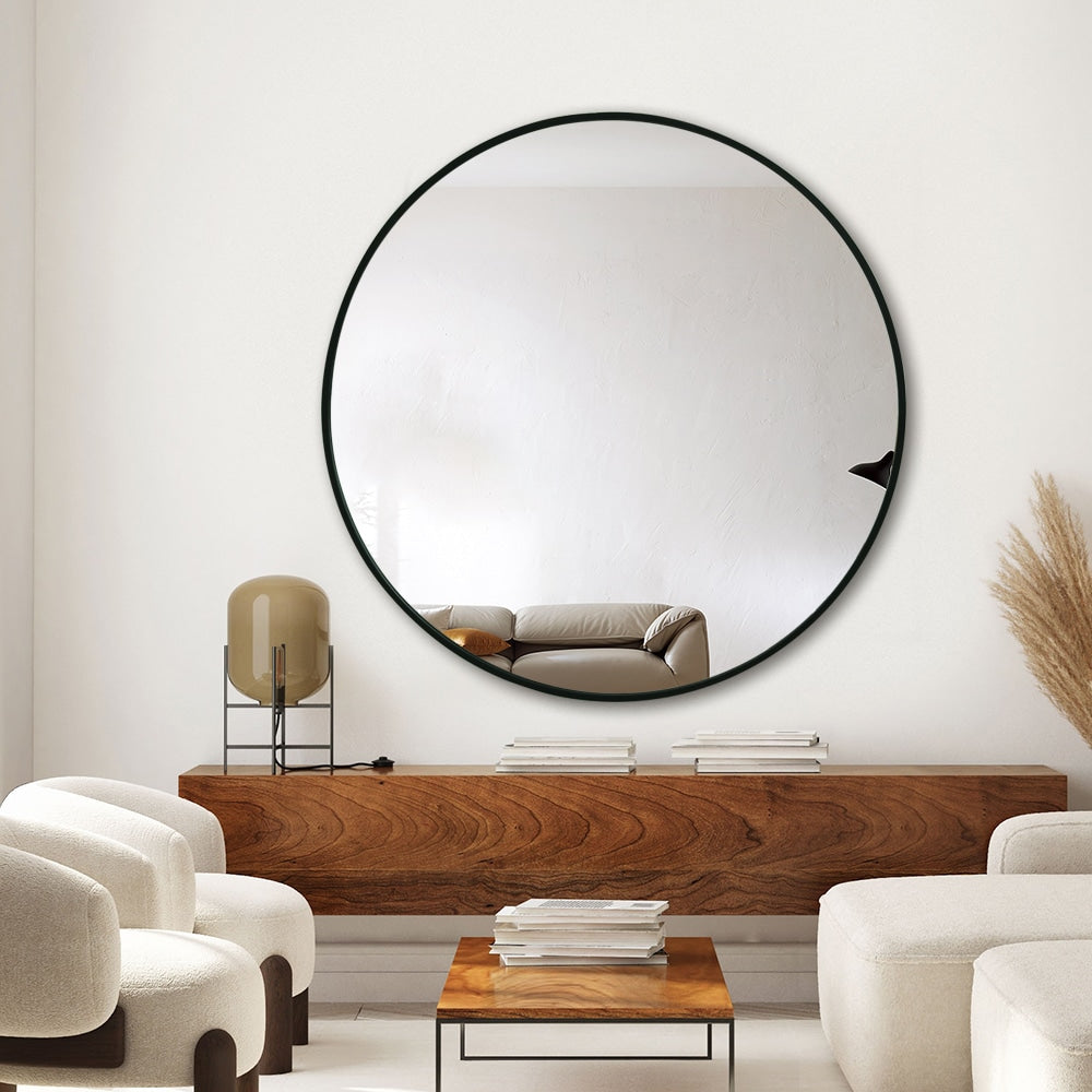 Modern Round Wall Mirror 100cm Black Aluminium Frame