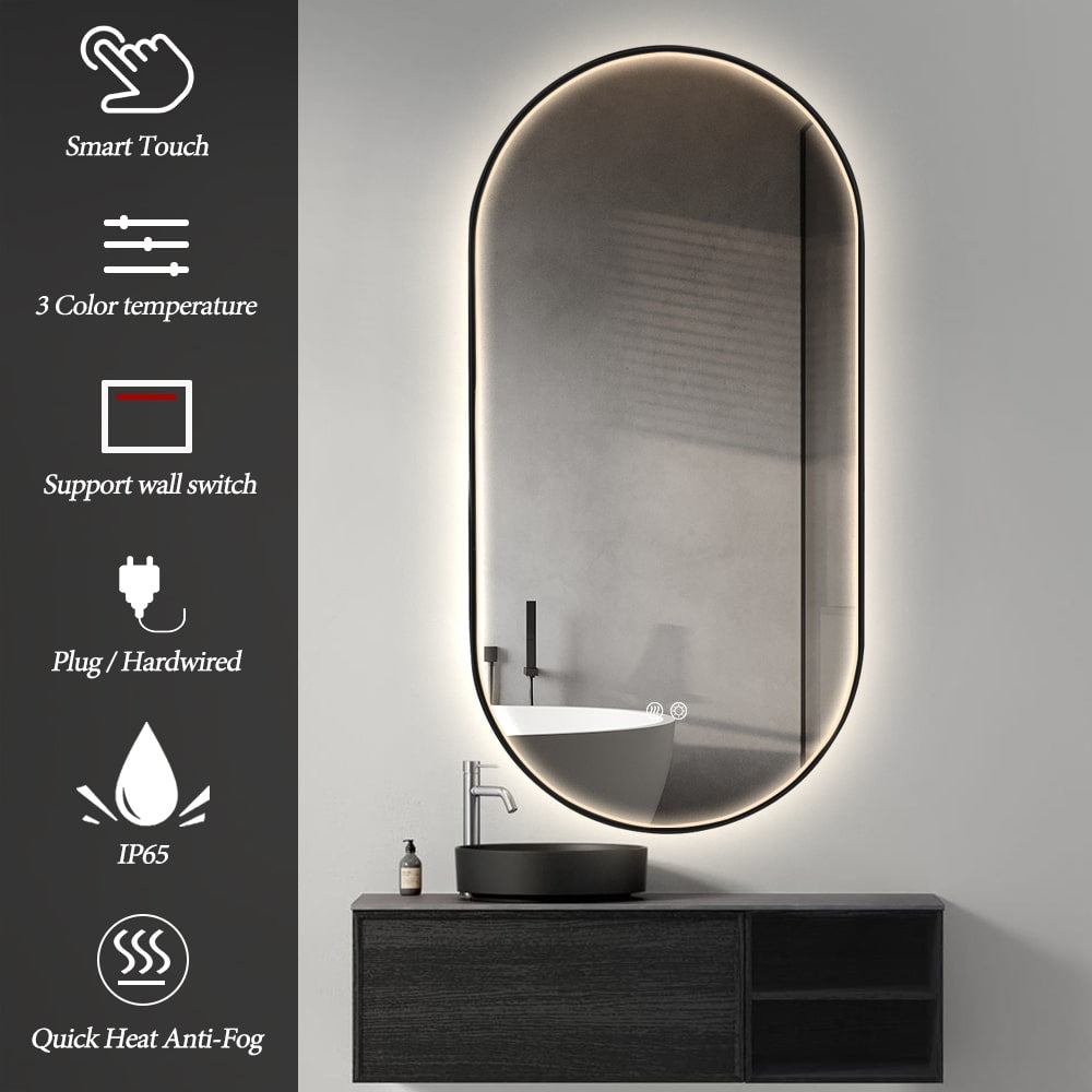 Oval LED Bathroom Mirror 50cm x 100cm Frontlit Black Frame Defogger Dimmable