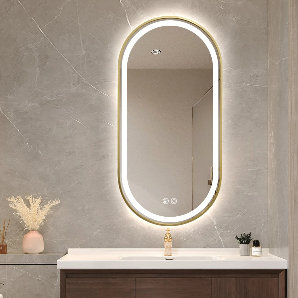 Gold Oval LED Bathroom Mirror – Frosted Edge, Defogger, Dimmable (3 Sizes)