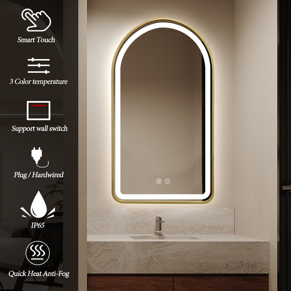 Arched LED Gold Frame Wall Mirror 90cm x 50cm Frosted Defogger Dimmable Vanity