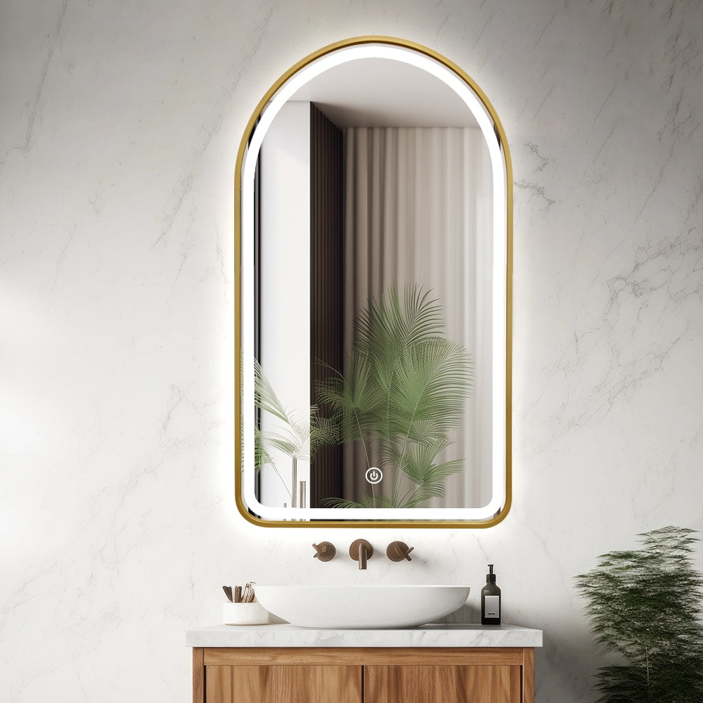 Arched LED Gold Frame Wall Mirror 90cm x 50cm Frosted Defogger Dimmable Vanity