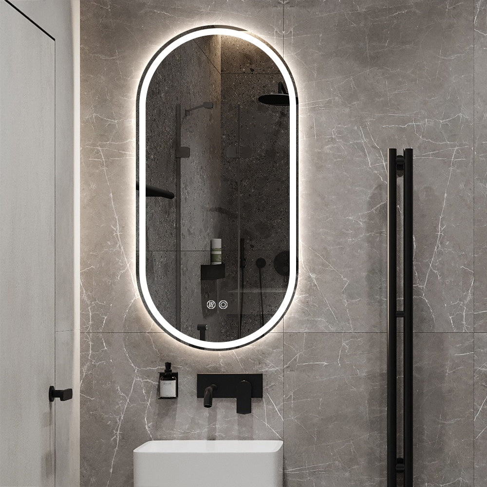 Oval LED Mirror – Frameless Frosted with Defogger & Dimmable 30mm LED Strip