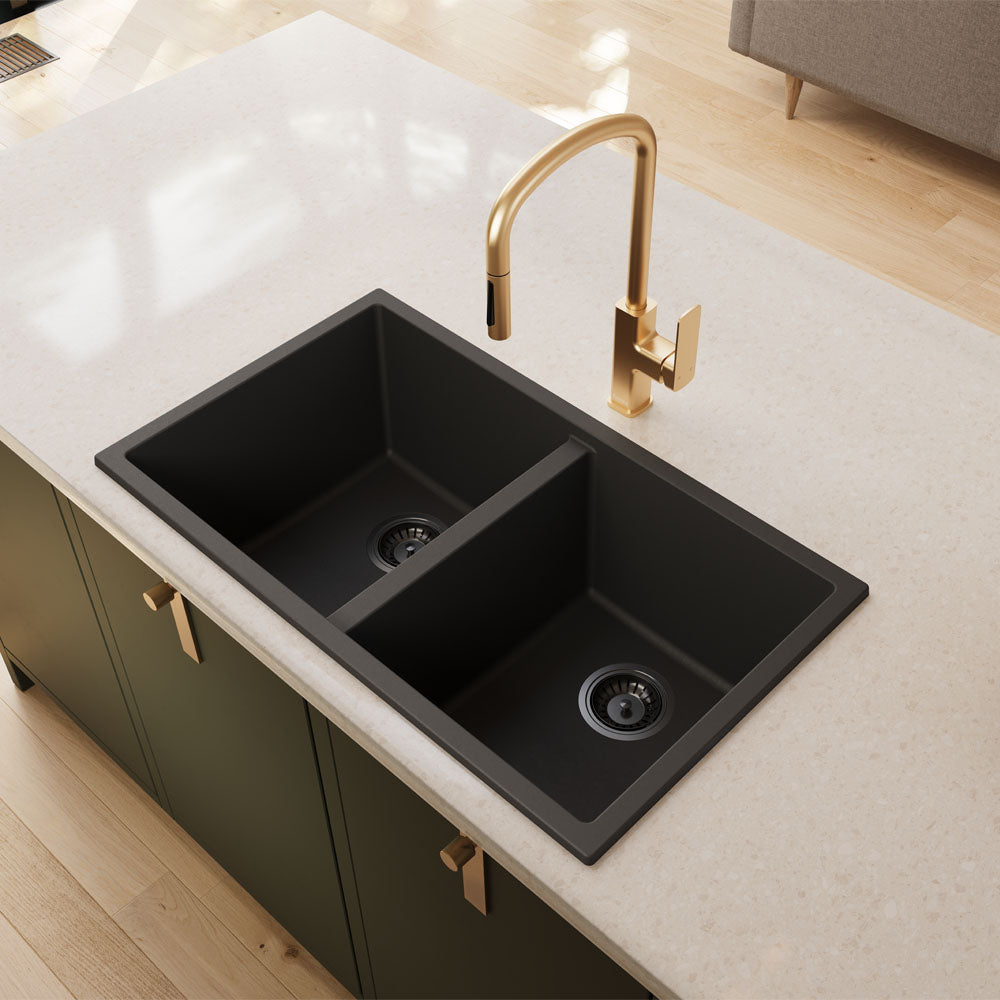 Kuro Granite 34L/34L Double Bowl Kitchen Sink, Matte Black