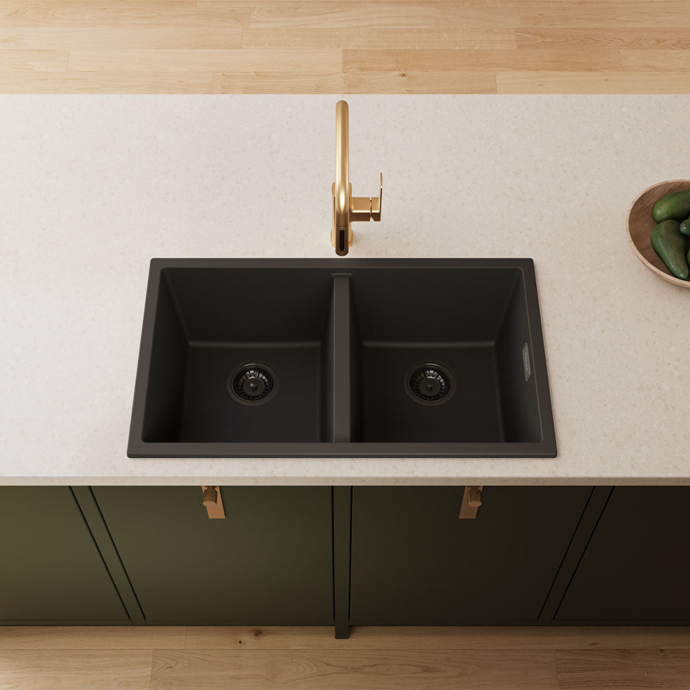 Kuro Granite 34L/34L Double Bowl Kitchen Sink, Matte Black