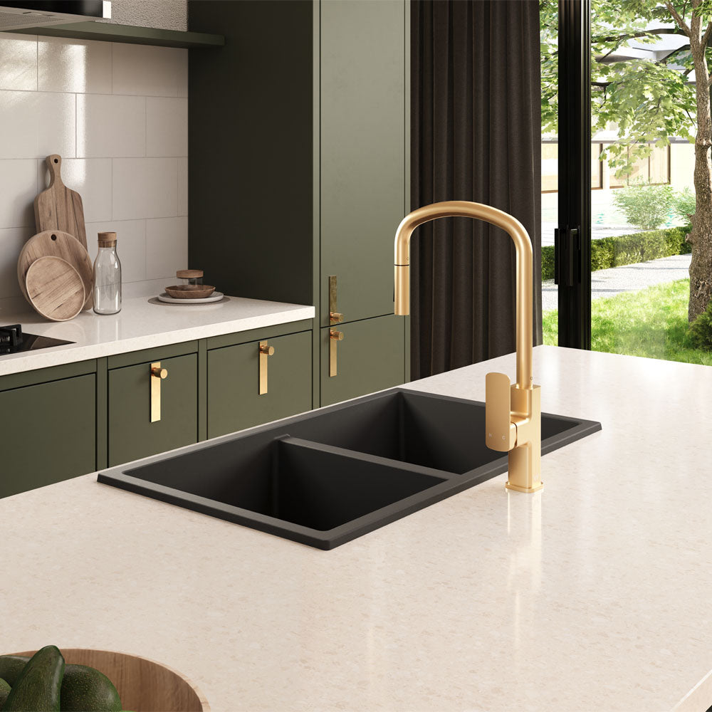 Kuro Granite 34L/34L Double Bowl Kitchen Sink, Matte Black