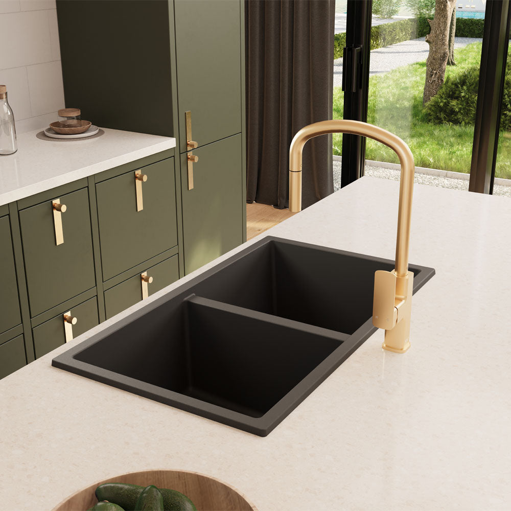 Kuro Granite 34L/34L Double Bowl Kitchen Sink, Matte Black