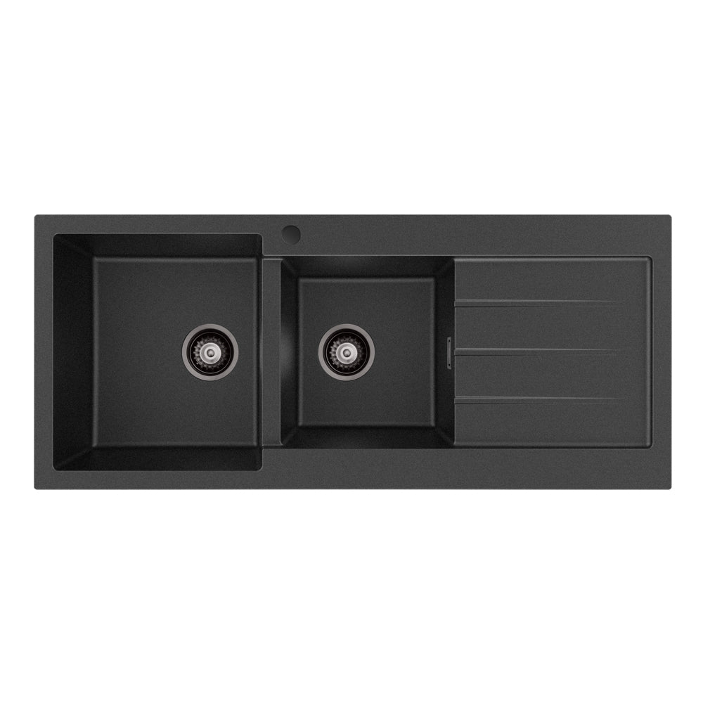 Kuro Granite 32L/22L Double Kitchen Sink with Drainer, Left Bowl, 1 Tap Hole, Matte Black