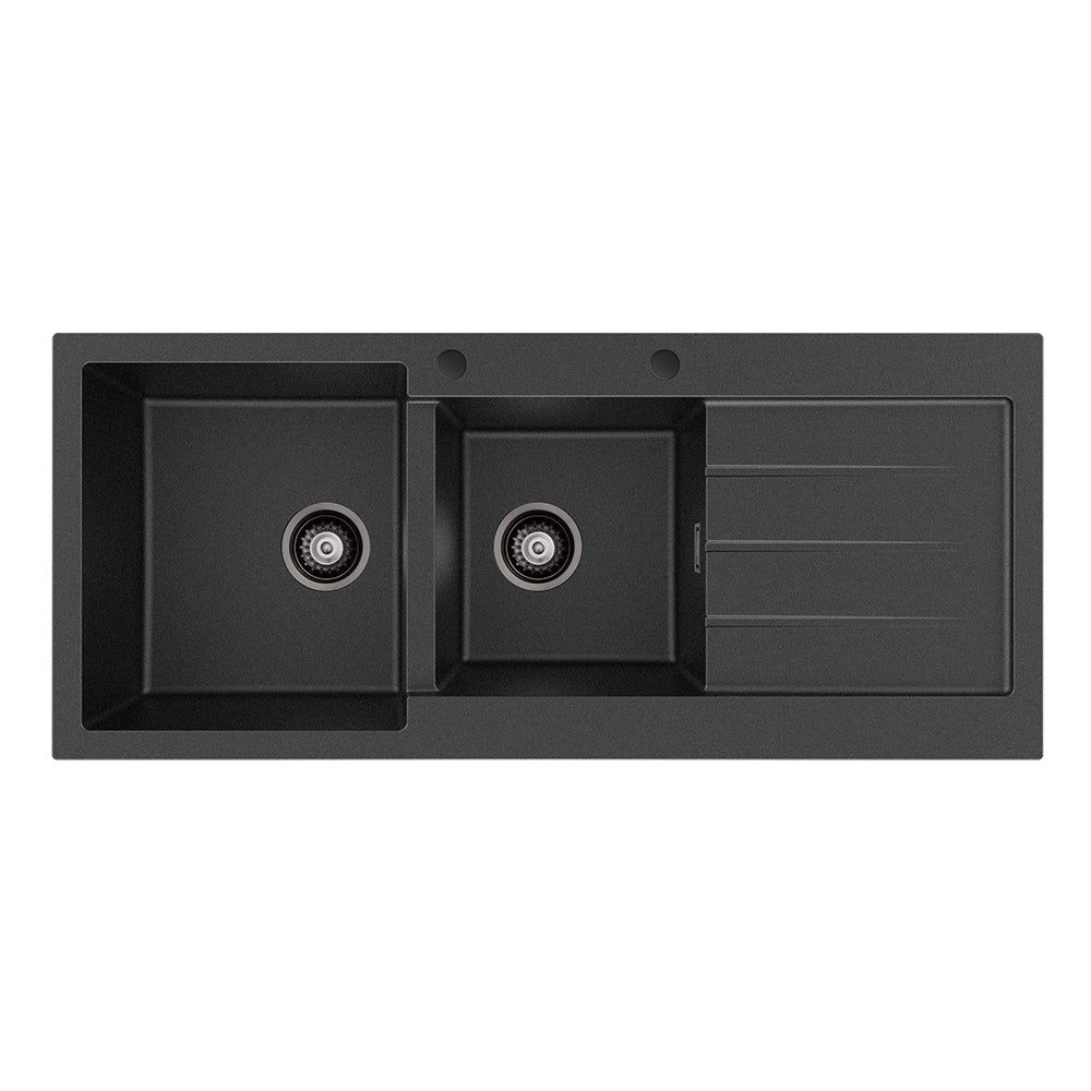 Kuro Granite 32L/22L Double Kitchen Sink with Drainer, Left Bowl, 2 Tap Holes, Matte Black