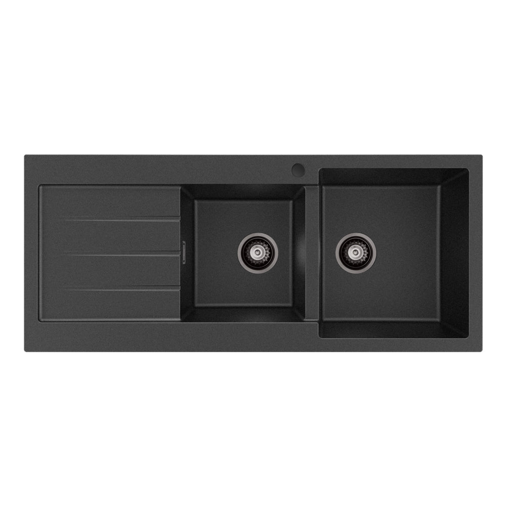 Kuro Granite 32L/22L Double Kitchen Sink with Drainer, Right Bowl, 1 Tap Hole, Matte Black
