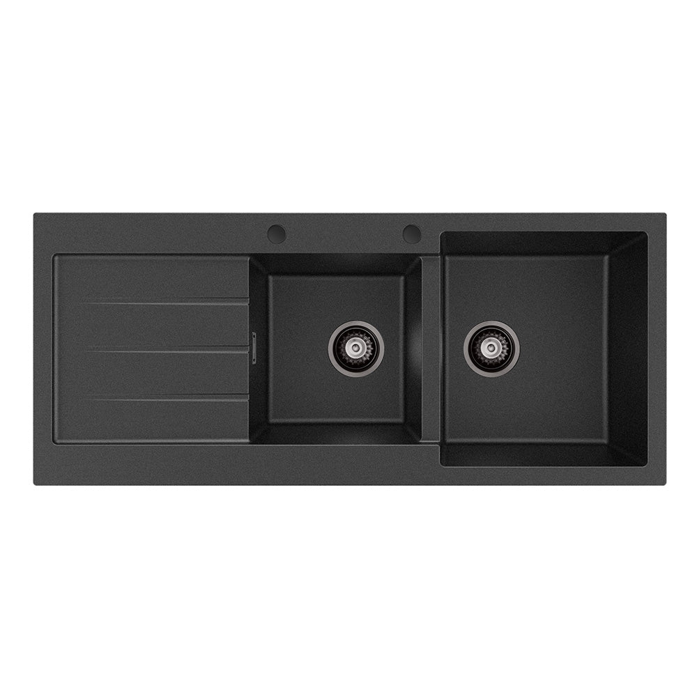 Kuro Granite  2L/22L Double Kitchen Sink with Drainer, Right Bowl, 2 Tap Holes, Matte Black