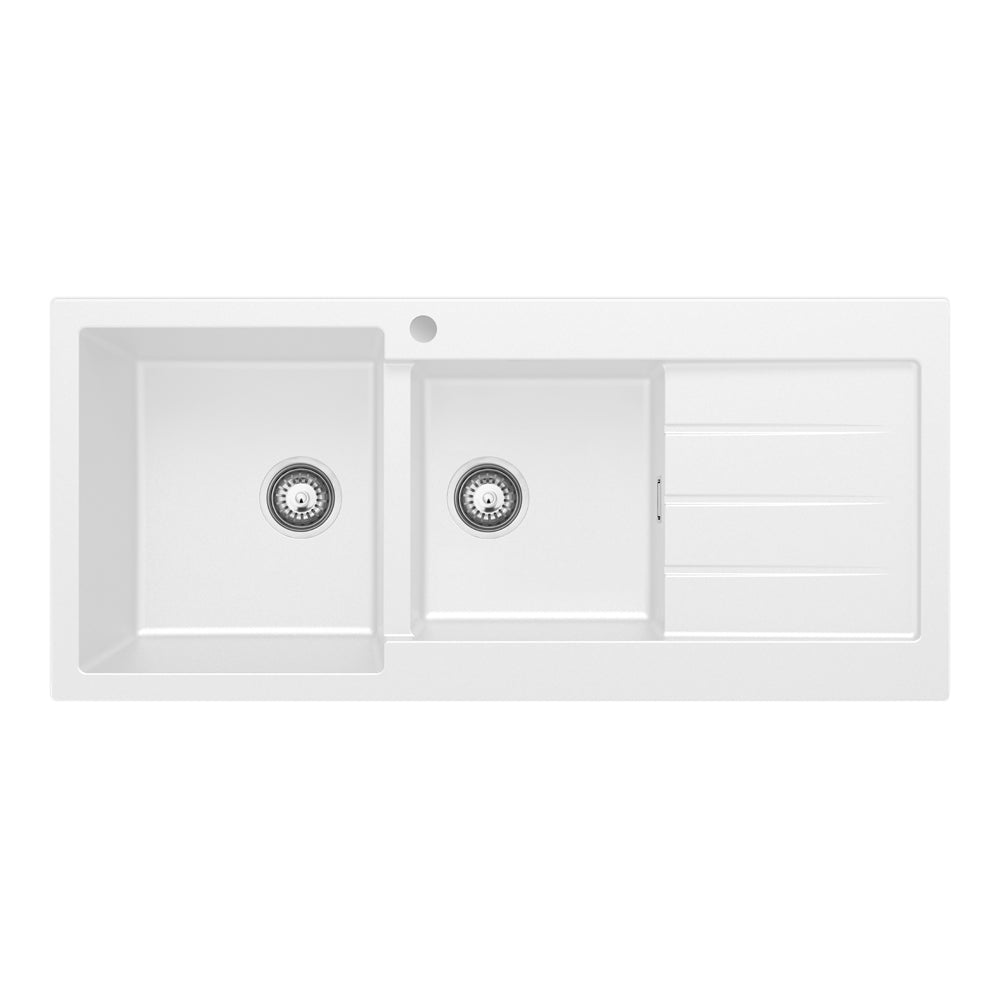 Kuro Granite 32L/22L Double Kitchen Sink with Drainer, Left Bowl, 1 Tap Hole, Matte White