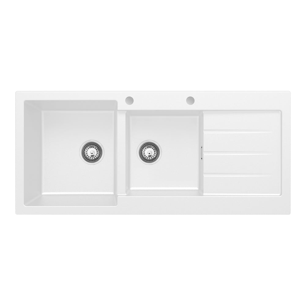 Kuro Granite 32L/22L Double Kitchen Sink with Drainer, Left Bowl, 2 Tap Holes, Matte White