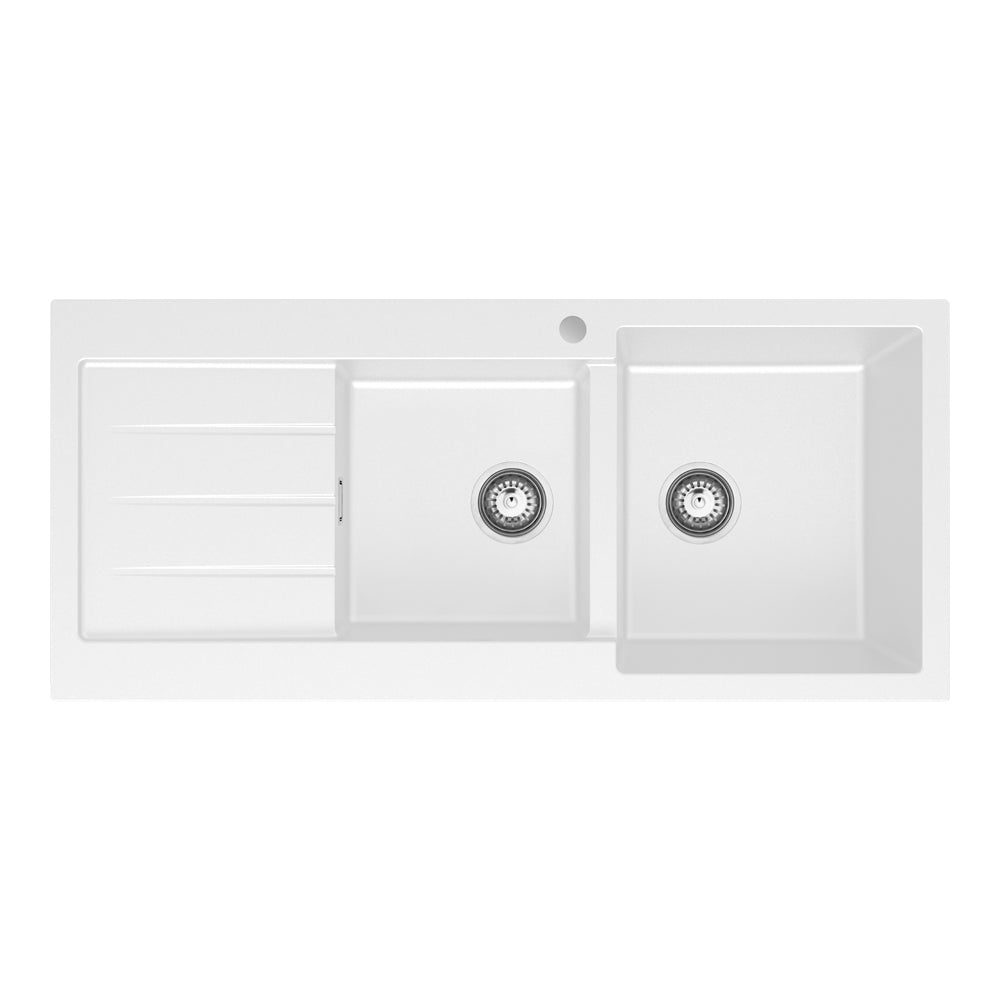 Kuro Granite 32L/22L Double Kitchen Sink with Drainer, Right Bowl, 1 Tap Hole, Matte White