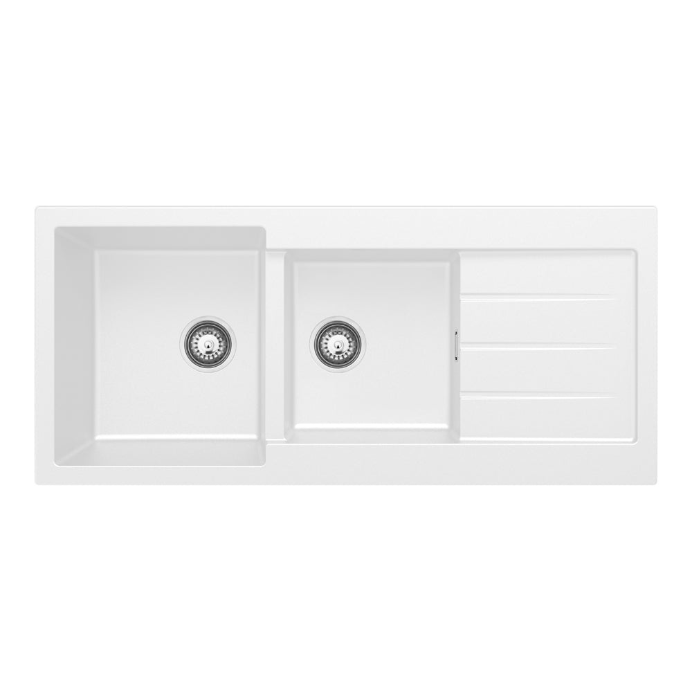 Kuro Granite 32L/22L Double Kitchen Sink with Drainer, Matte White