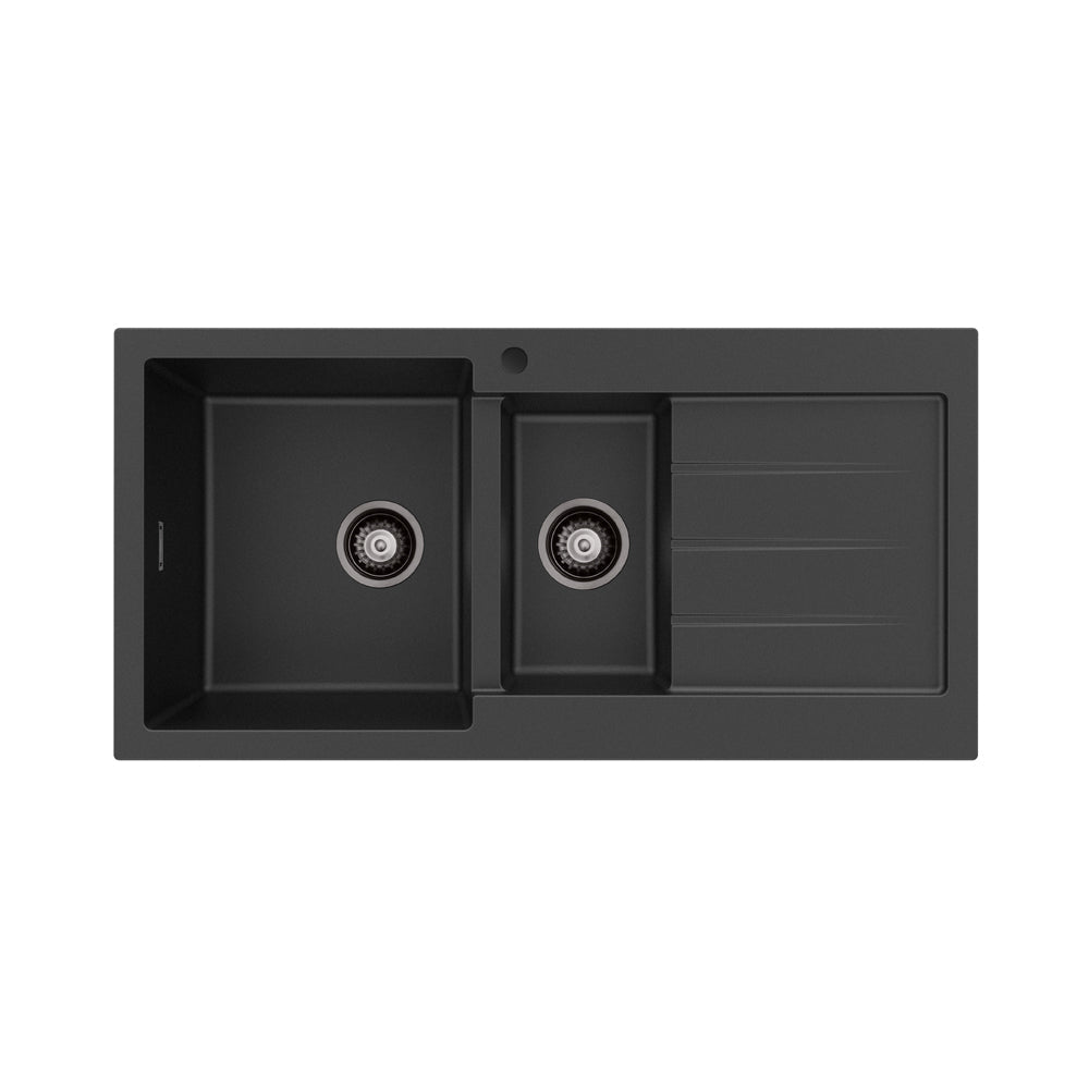 Kuro Granite 32L/14L Double Kitchen Sink with Drainer, Left Bowl, 1 Tap Hole, Matte Black