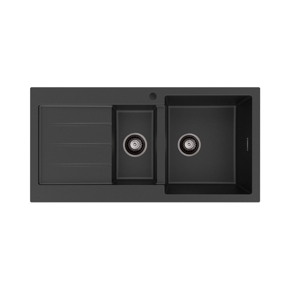 Kuro Granite 32L/14L Double Kitchen Sink with Drainer, Right Bowl, 1 Tap Hole, Matte Black
