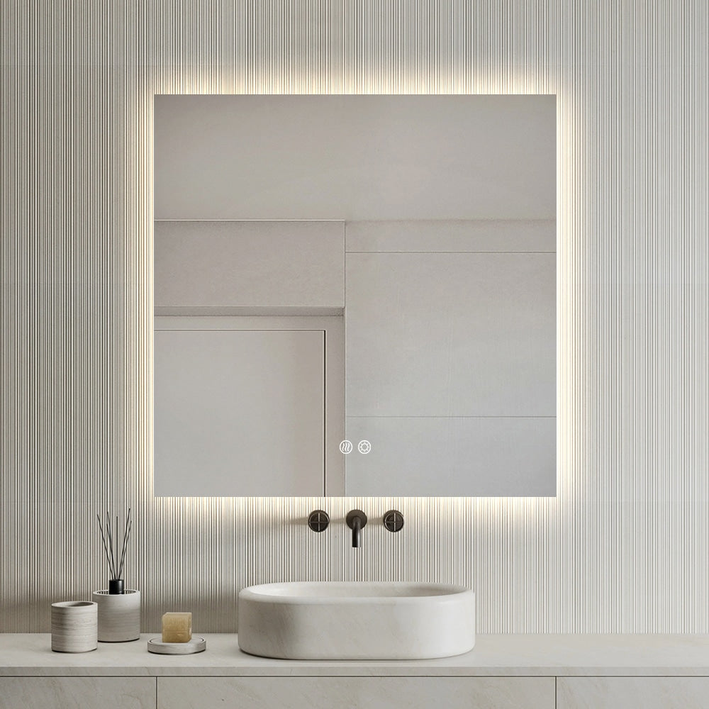 Square LED Bathroom Mirror 60cm x 60cm Frameless Backlit Straight Corner Dimmable