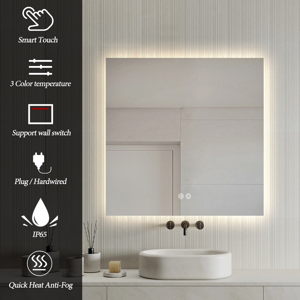 Square LED Bathroom Mirror 60cm x 60cm Frameless Backlit Straight Corner Dimmable