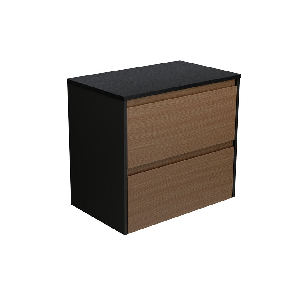 Amato Walnut 750  Wall Hung Cabinet, Satin Black Panels