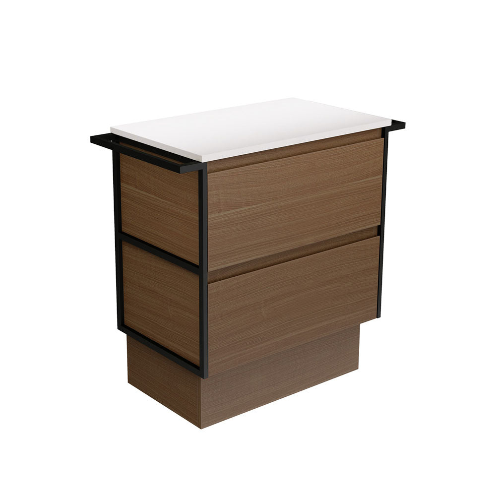 Amato Walnut 750 Cabinet on Kickboard, Matte Black Towel Rails
