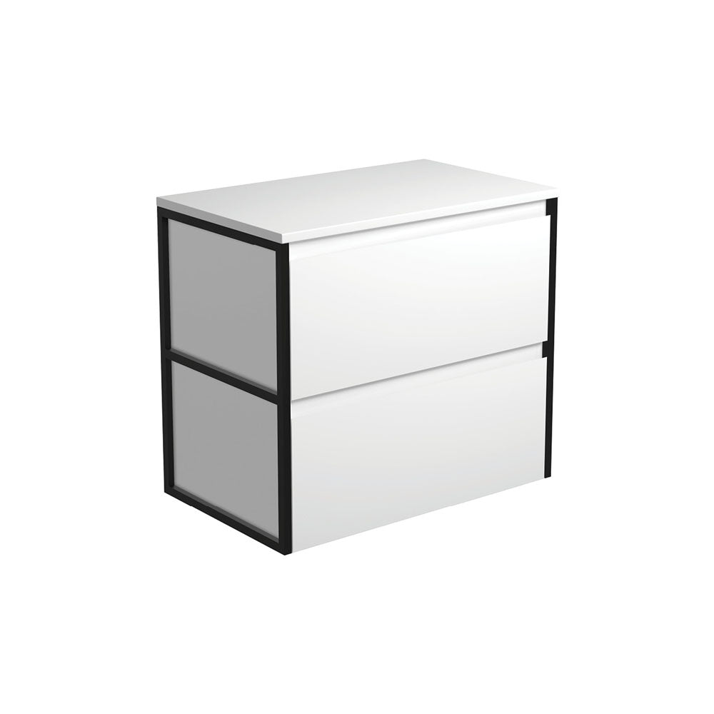 Amato Satin White 750 Wall-Hung Cabinet, Matte Black Frames